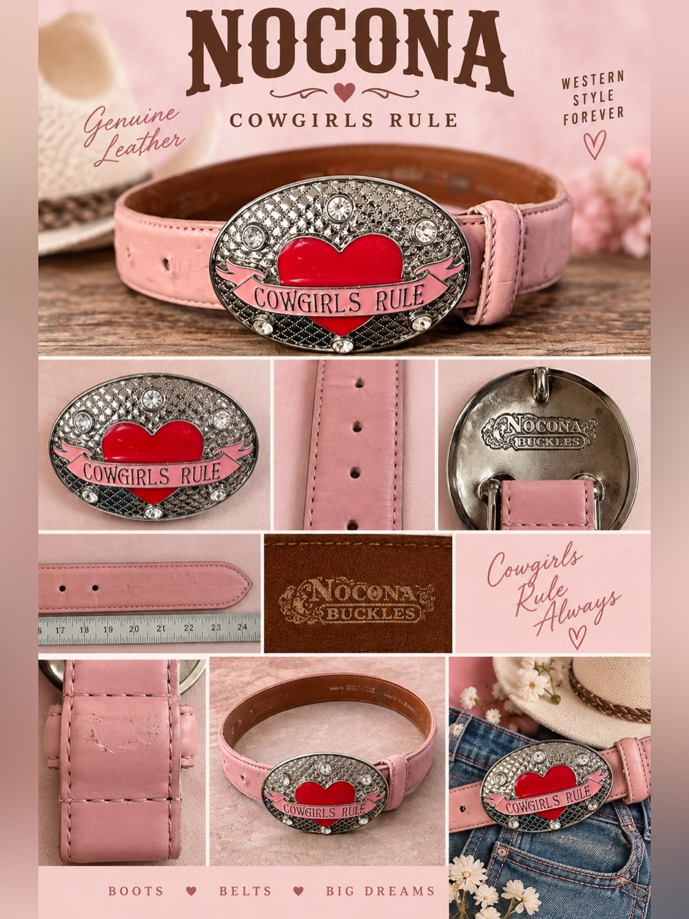Nocona Cowgirls Rule Pink Genuine Leather Western Belt Rhinestone Heart Buckle